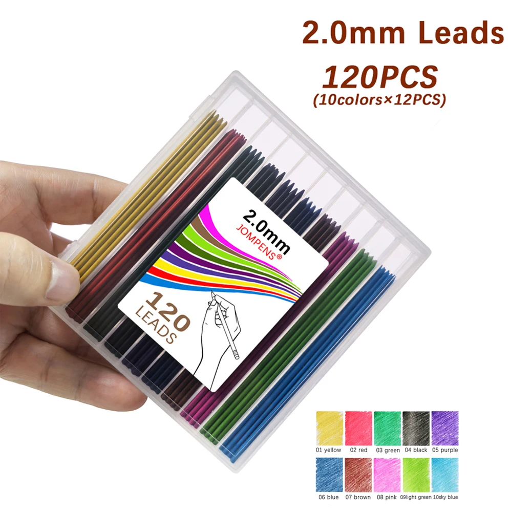 새로운 1박스 대용량 기계식 연필심 2B 2.0MM 10색 교체 가능 심 자동 연필 필기 드로잉 액세서리
