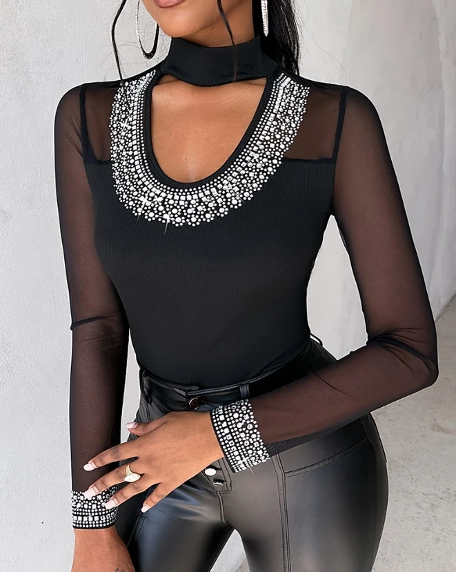 

Women's Top 2023 Autumn/winter New Fashion Casual Sexy Hollow Mesh Panel Sheer Mesh Rhinestone Skinny Top Woman Clothing