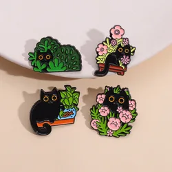 Cats in Plants Enamel Pins Custom Floral Kitten Hide-and-seek Brooches Lapel Badges Fun Animal Jewelry Gift for Kids Friends
