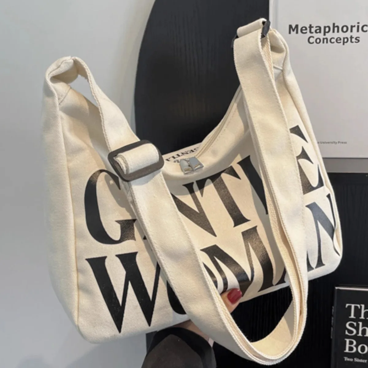 Gentle Woman Letter Canvas Bag, Trendy Versatile Large Capacity Commuting Crossbody Shoulder Bags, Casual Daily & Chic Outings