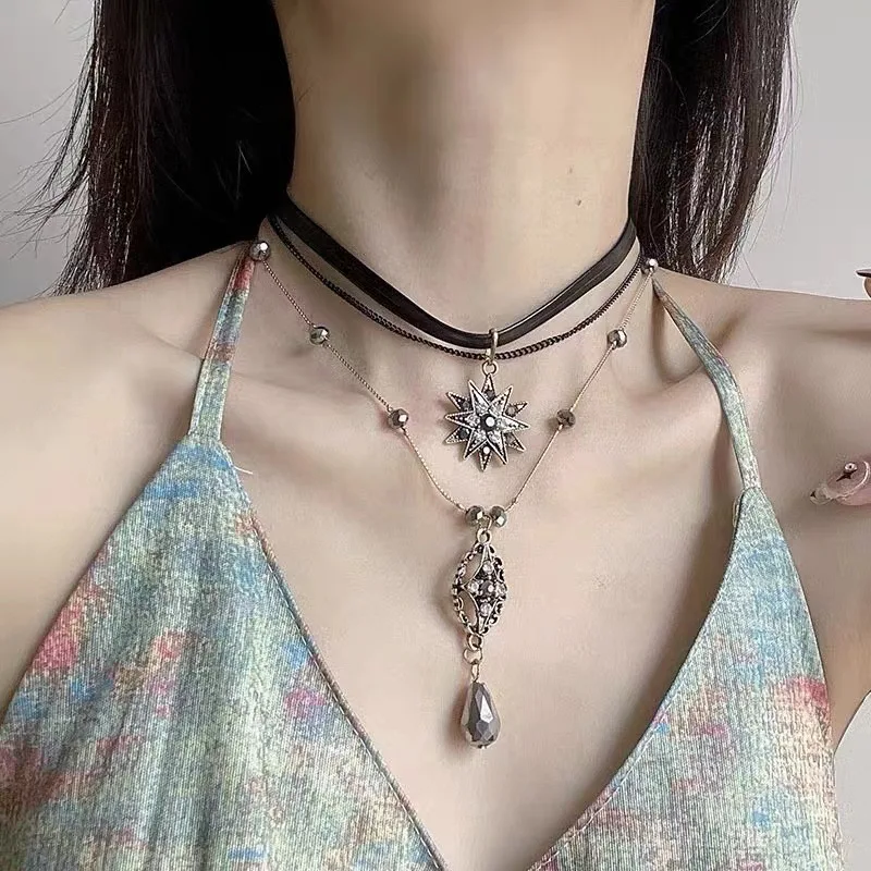 Gothic Layered Strap Multi Layered Necklace for Women Leather