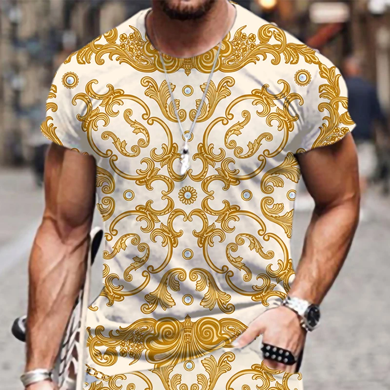 Hot Sale European Luxury Golden T Shirt Men/Women New Fashion Cool 3D Printed Baroque T-Shirts Casual Streetwear Tops