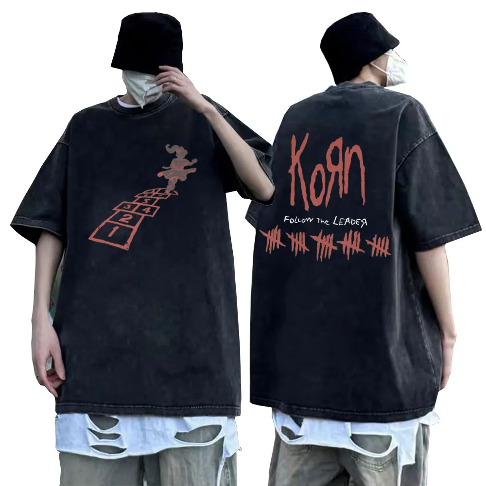 

Washed Vintage Men Fashion Trend Short Sleeve Tees Rock Band Korn Follow The Leader T Shirts Man Casual Gothic Oversized Tshirt