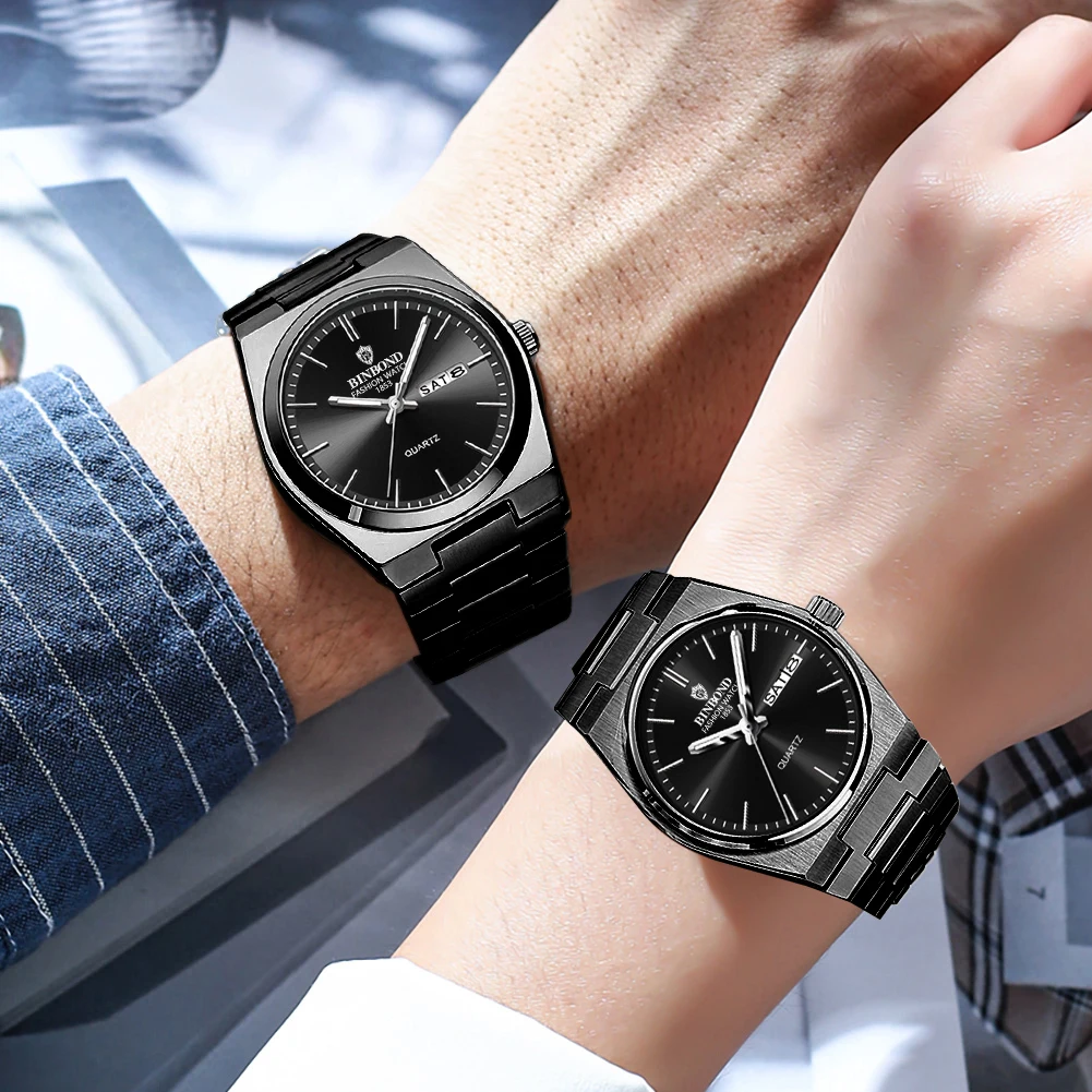 BINBOND Couple Watches Simple Fashion Original Quartz Wristwatch Waterproof Luminous Date Week 2 Pcs Watch for Lover Anniversary