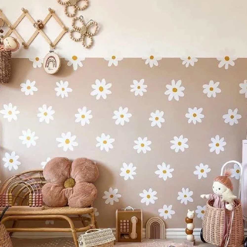 Boho Daisy Flowers White Brown Wall Stickers for Kids Room Wall Decals ...