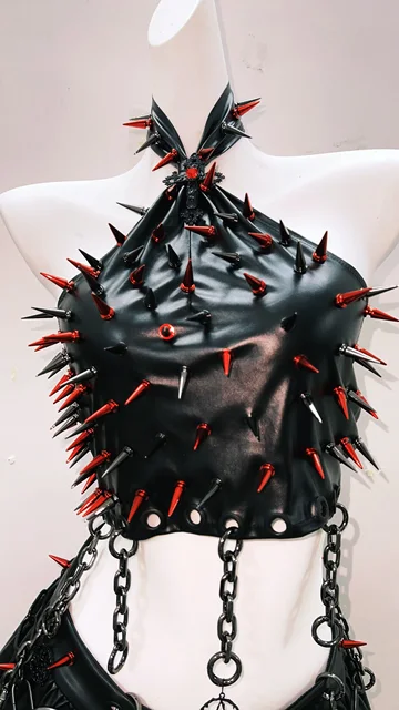 Spikey Halter Neck Faux Leather Cropped Top and Skirt 5