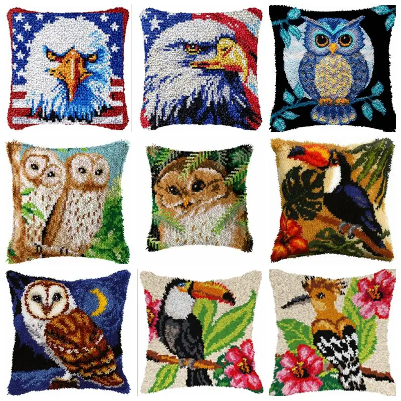 New Bird Series Eagle Owl Latch Hook Mat Kits Embroidered DIY Button Pad Package Smyrna klink haak Embroidery Pillow knooppakket