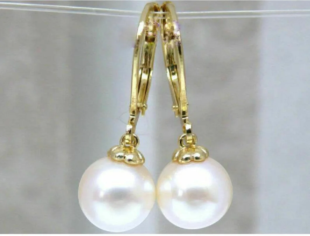 Perfect Round AAA 8-9mm South China Sea White Pearl Natural Pearl Earrings in 14k Pure Gold