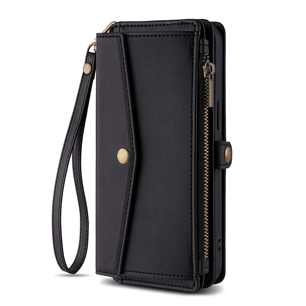 Multi-Functional Leather Wallet Flip Stand Case with Crossbody Strap