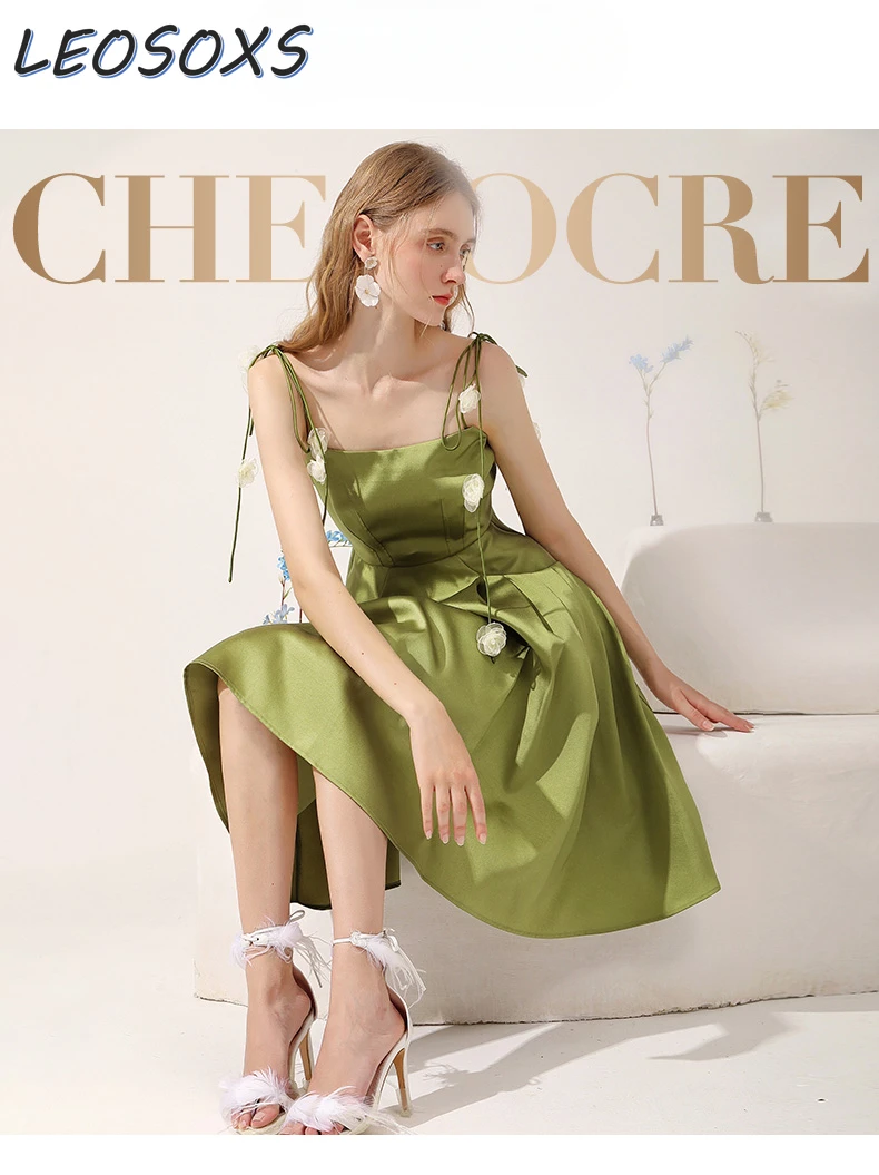 

High-End Designer Model French Sexy Suspender Dress Summer Lace-up Flowers Slim Waist Pocket Olive Green Dress Evening Party