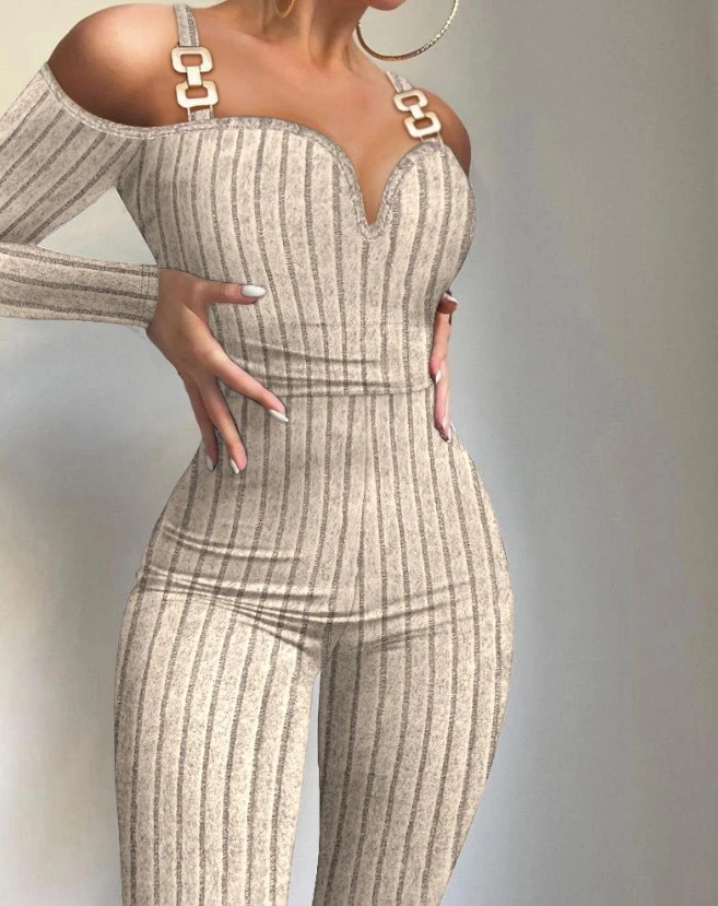 Women's Pants 2023 New Hot Selling Fashion Long Sleeve Cold Shoulder Tight Decoration Chain Jumpsuit