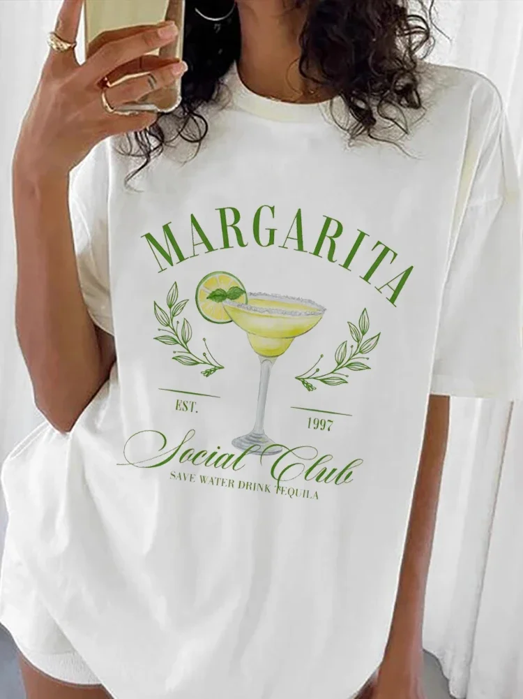 

Margarita Social Club Printed Trendy Letter Pattern Top T-Shirt Short Sleeved Women's Casual O-Neck Style Printed Travel T-Shirt
