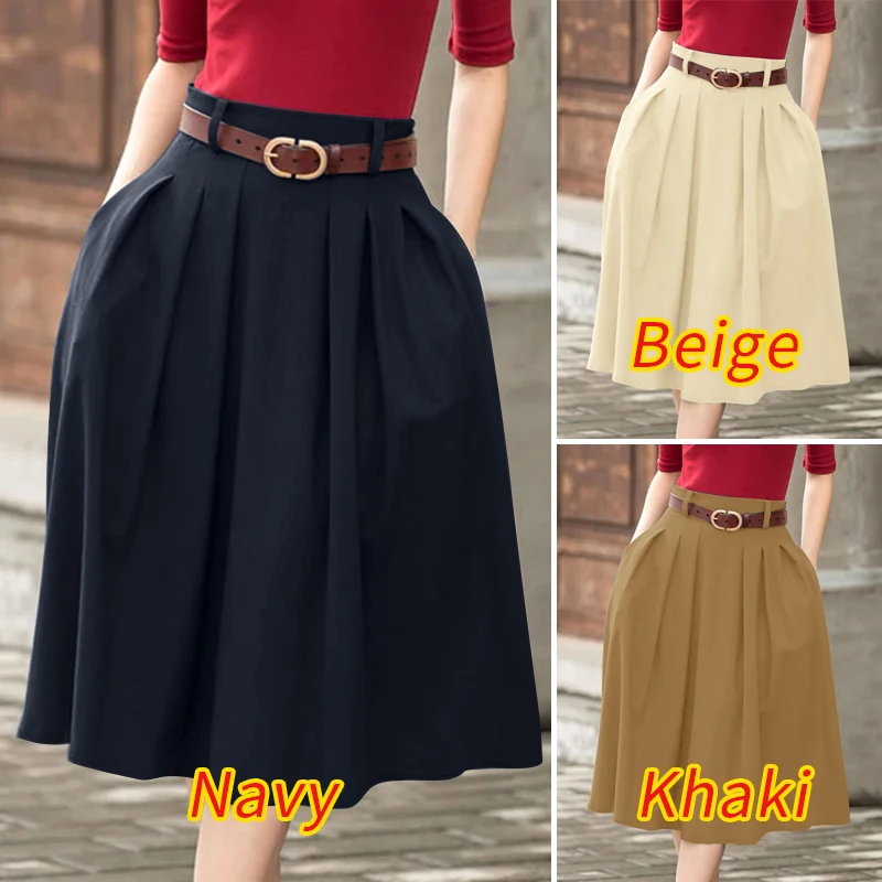 ZANZEA Summer Solid Midi Skirt Elegant Women High Waist Work OL Skirts Fashion A-line Jupes Stylish Party Faldas Saia Plus Size