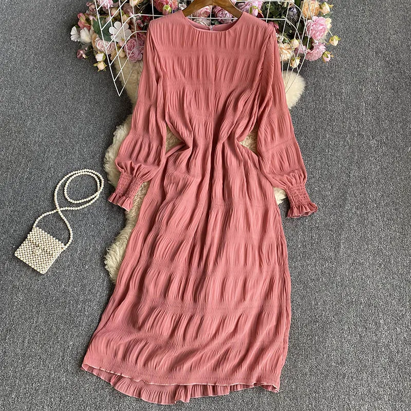 

VANOVICH Korean Style Spring New Solid Color Fashion Folds Pullover Dress Women Temperament Elegant Loose A-line Long Dresses