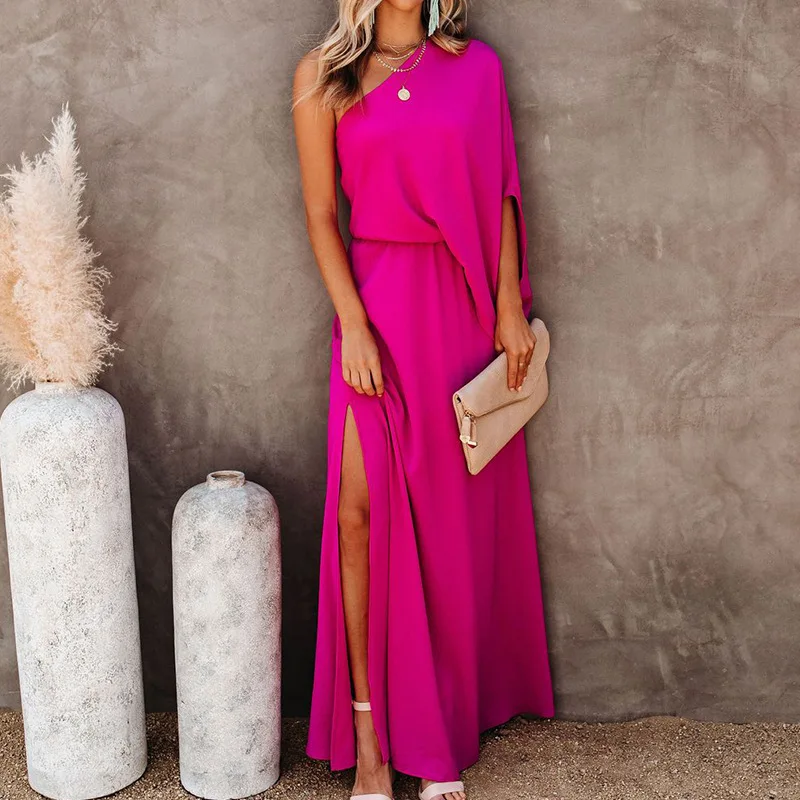 Lantern Sleeve One Shoulder Bodycon Women Clothes Elegant Rose Club Party Office Midi Dress 2023 Summer Women's Satin Dresses