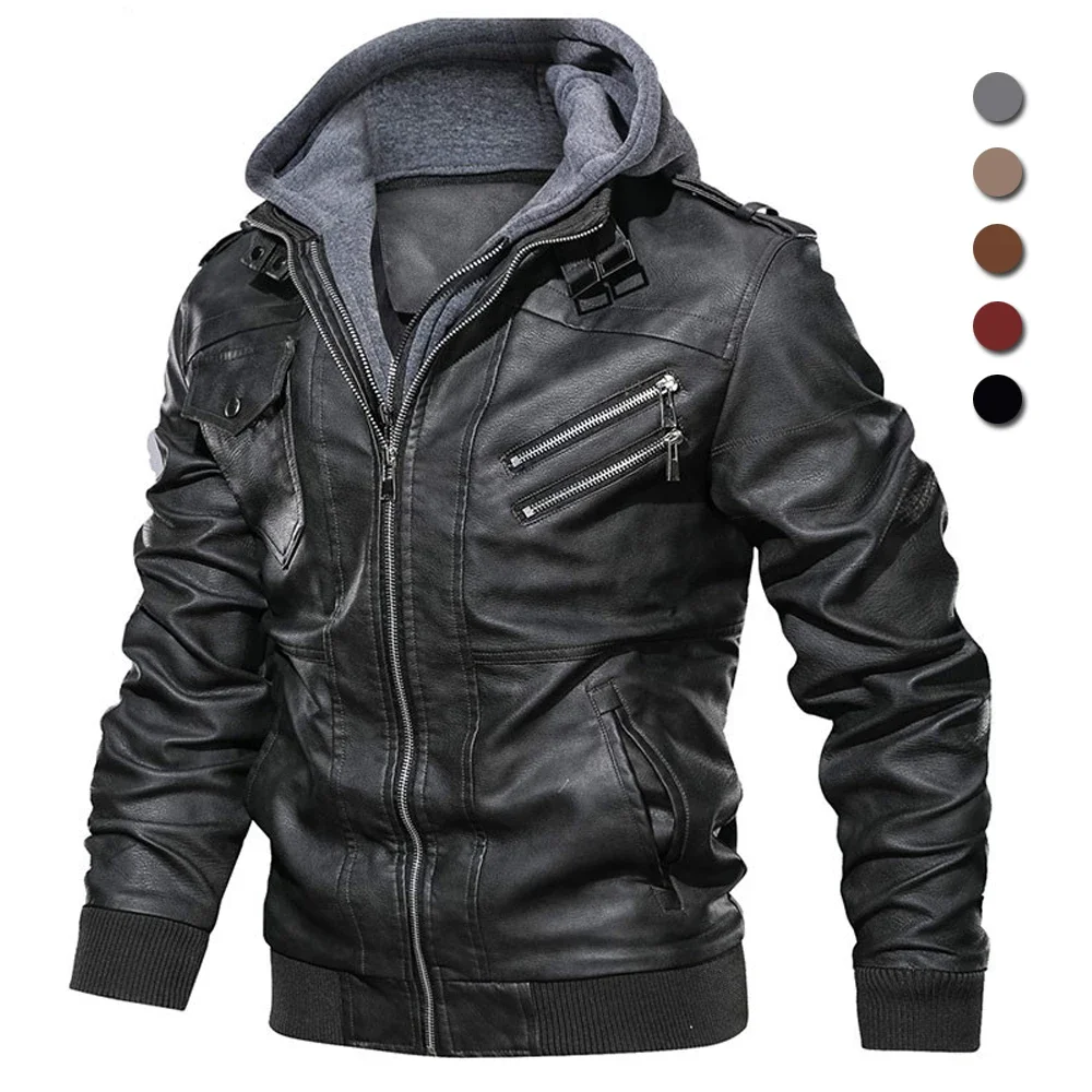 Men Leather Jackets Hooded Zipper Motorcycle Military PU Autumn Plus Size S-5XL