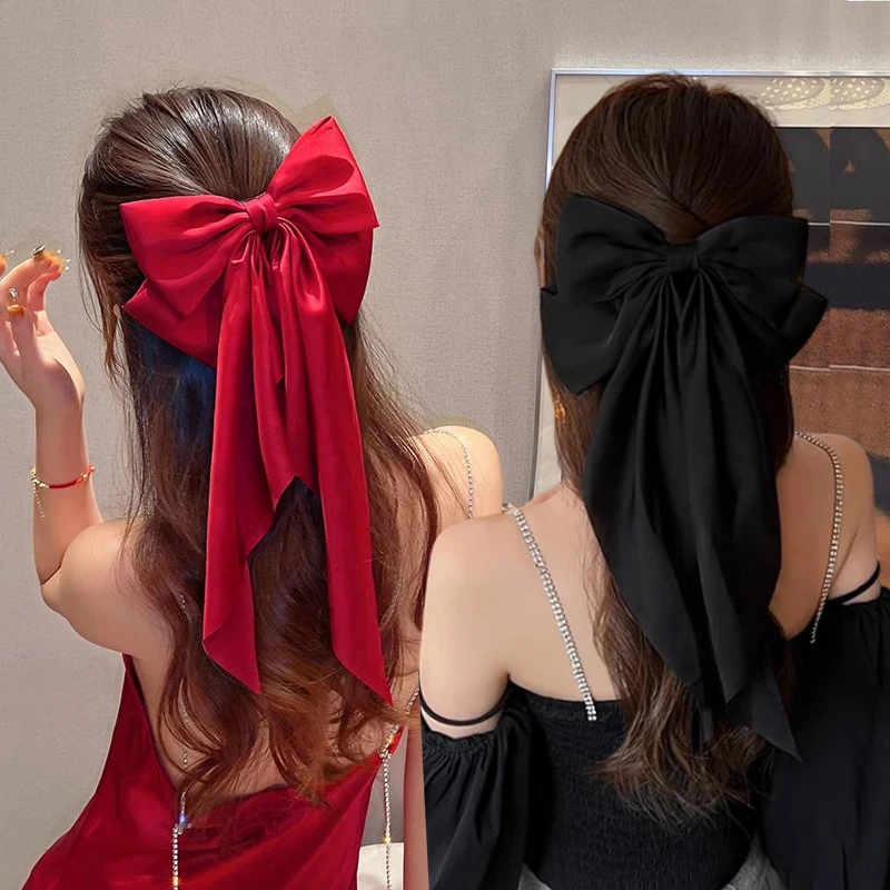 

Элегантная однотонная заколка для волос с большим бантом и лентой для женщин, Милая атласная пружинная заколка для волос, Шпилька для волос, французские аксессуары для волос