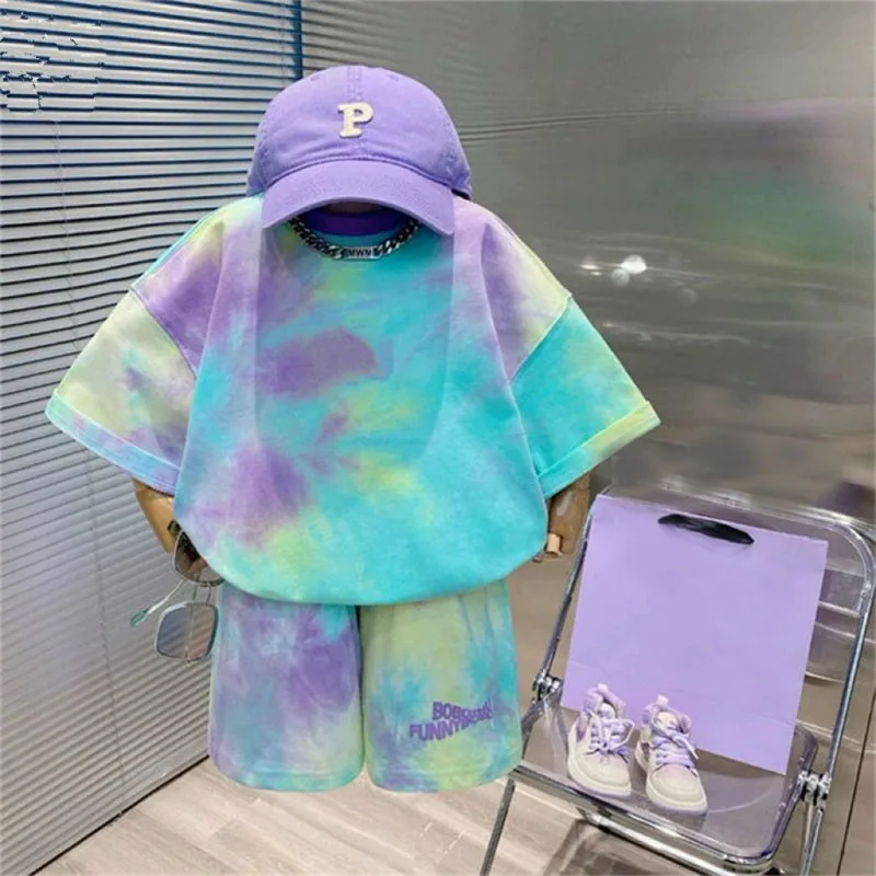 

2024 Baby Suit Boys Colorful Round Neck Short-Sleeved T-Shirt Pants 2-Piece Summer New Girls Fashion Casual Set 2-8 Years Old