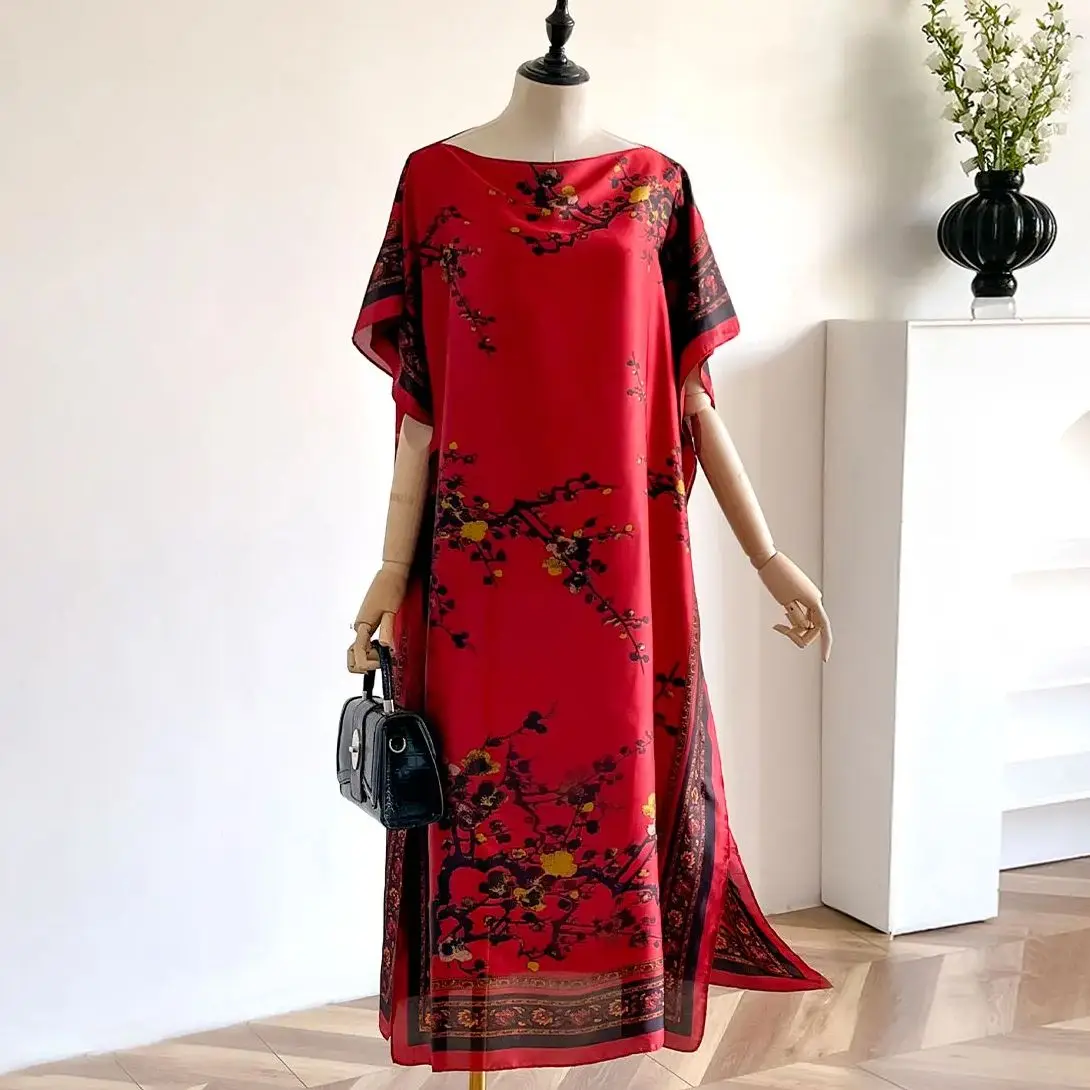Spring and Summer Fashion African Dresses For Women Elegant Printed Silk Muslim Lady Kaftan Dress Sun Protection Kuwait Abaya