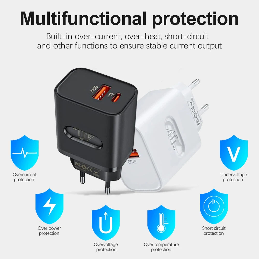 Total 40W USB Fast Charger PD Quick Charge Phone Charger EU/US Plug Adapter For iPhone Xiaomi Samsung Huawei USB C Wall Charger