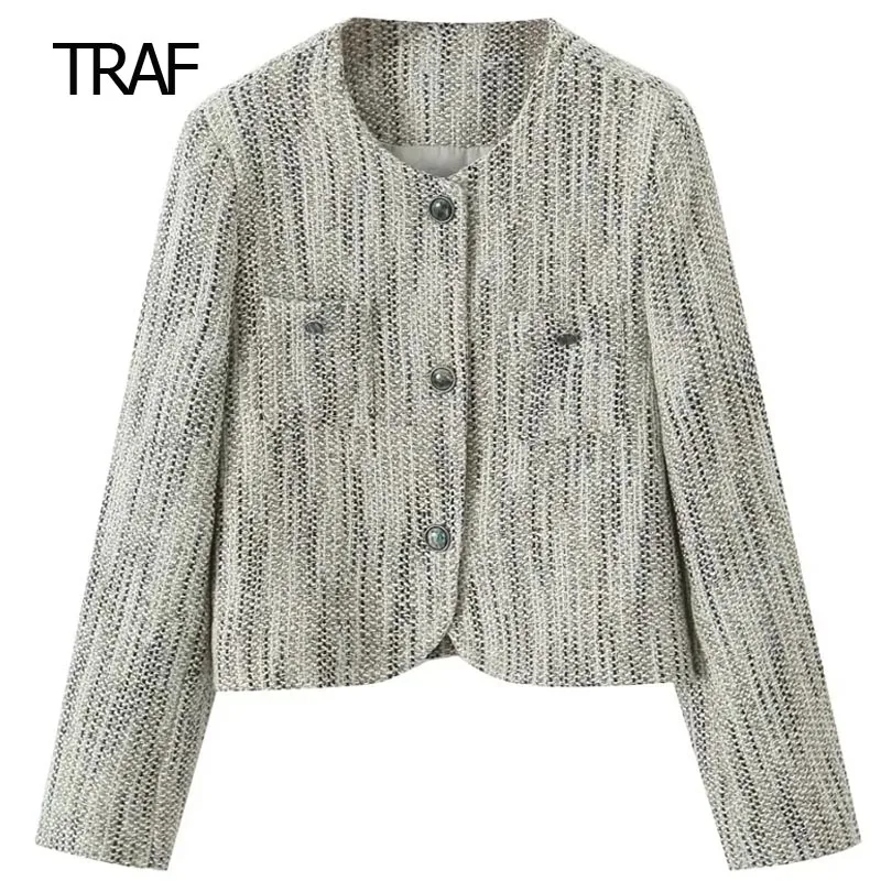 

TRAF Tweed Crop Coat Women's Bomber Coat Autumn 2023 O-Neck Long Sleeve Top New In Coats Korean Style Outwear Chic Elegant Coat