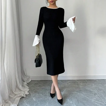 Mia Muse Autumn Dresses 2025 Women's Decent Contrast Color Ruffle Sleeve Round Neck Bodycon Midi Casual Dresses