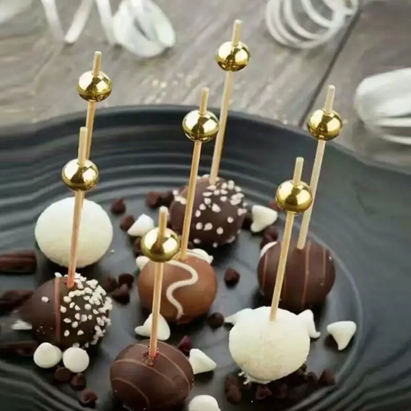 

100pcs 4.7in Gold Beads Bamboo Fruit Sticks Fruit Salad Snack Fork Cocktail Decor Cake Buffet Toothpicks Wedding Party Supplies