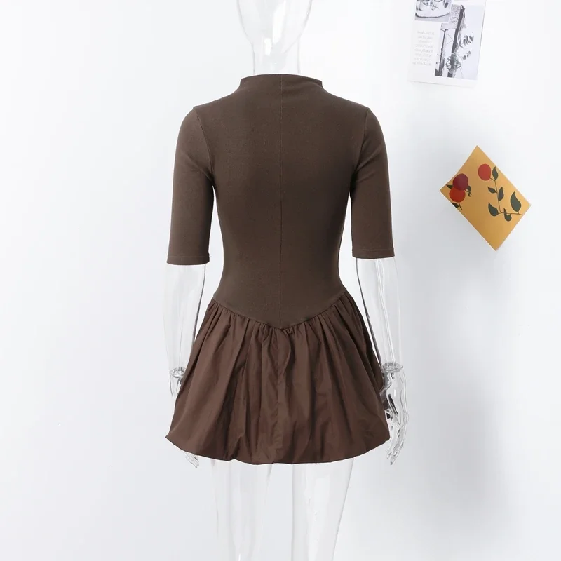 Elegant Knitted Patchwork Brown A-line Dress Women O-neck Short Sleeves Pleated Ruffles Mini Dresses 2025 Lady Solid Vestidos