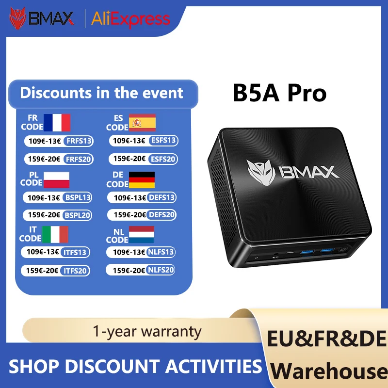 BMAX B5A ProMini PC Windows 11 16GB DDR4 512GB NVMe SSD AMD Ryzen7
