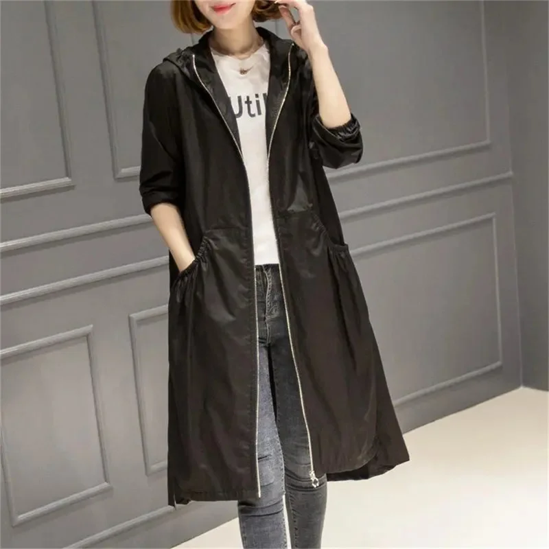 2024 New Windbreaker Jacket Women's Mid-Length Autumn Fashion Temperament Waist Was Thinner All-Match Casual Hooded Coat Khaki