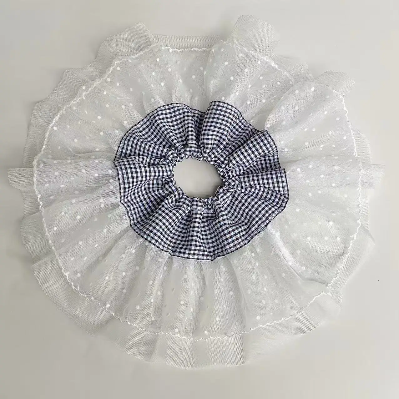 1PC Elegant Mesh Scrunchie with Plaid Center, Sweet Polka Dot Hair Accessory for Women, Fashionable Hair Tie for Daily Wear