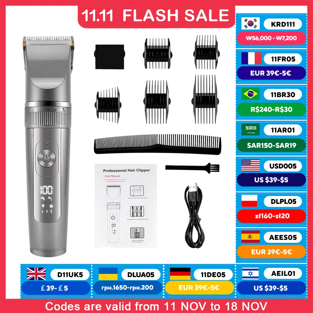 Hair Clipper Full Body Washable Electric Hair Clipper Ceramic Professional Fine Adjustable Hair Trimmer Low Noise Cutting Machine Razor