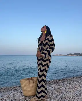 2025 Women's Stripled Long Sleeve Slim Elegant Knitted Maxi Dress V Neck Autumn New Lace Up Hollow Sexy Beach Cover Up Dress 1