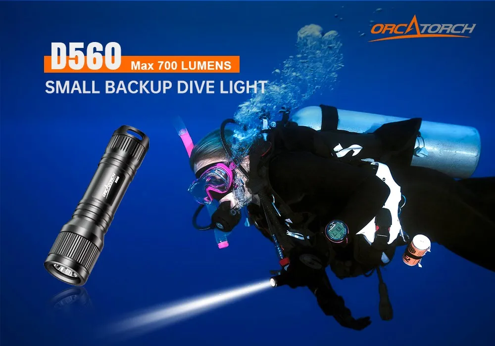 길이가 9cm에 불과한 Orcatorch D560 미니 다이빙 라이트, Cree XM-L2(U4) LED, 700lm 출력 단일 AA 배터리 또는 14500 배터리