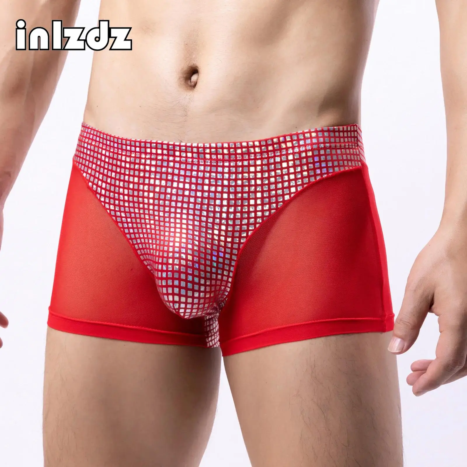 

Mens Metallic Shiny Boxer Brief Low Rise See-Through Shorts Elastic Waistband Underpants Underwear Pool Party Swimwear Clubwear