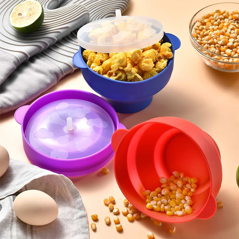 1/3Pcs Silicone DIY Microwave Popcorn Bowl Bucket Red Popcorn Maker with Lid Chips Fruit Dish Kitchen Easy Tools popcorn maker silicone tableware