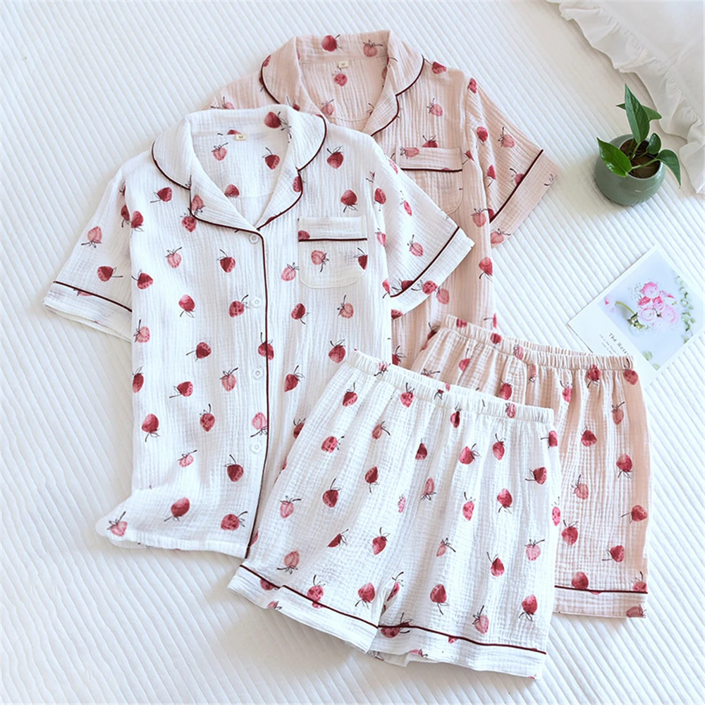 

Women's Sleepwear Cotton Gauze Cute Print Shorts Pijama Set Pajamas Night Wears For Women Nightgown Set Girls Summer Homewear