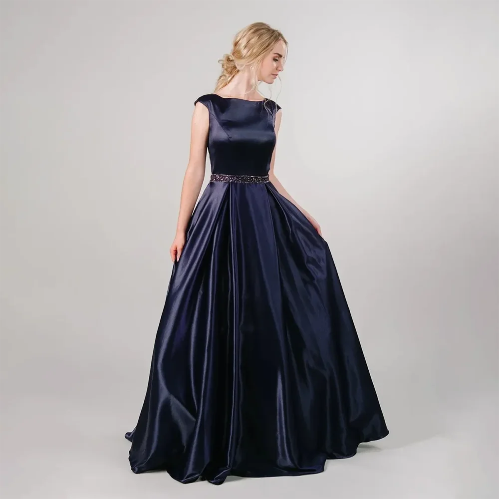 

New Navy Blue A-line Satin Modest Prom Dresses With Cap Sleeves Jewel Neck Beaded Waist Teens Formal Saudi Arabia Evening Gowns