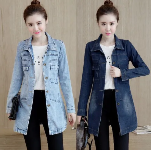 Long-sleeved Denim Jacket Women's Slim-fitting Single-breasted Medium and Long Trench Coat Top