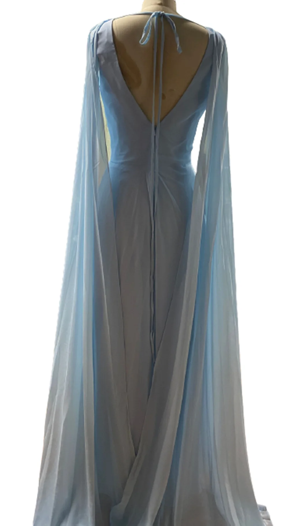 Bridesmaid Dresses Long A Line With Streamer Cape Sky Blue Chiffon Plunging Neck Backless Party Dress Maid Of Honor