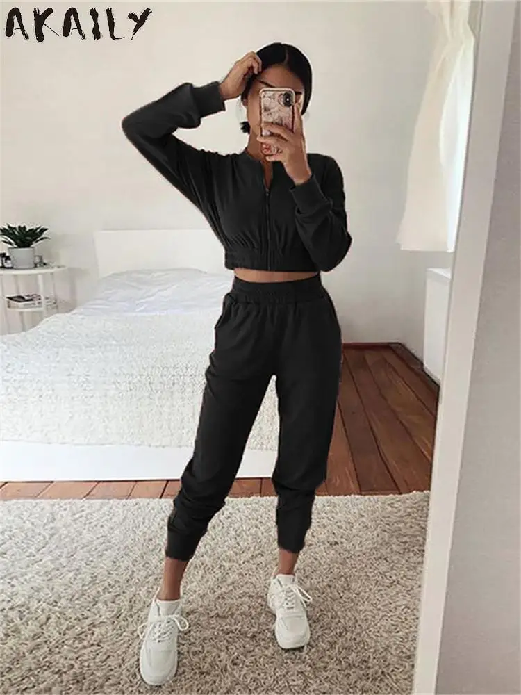 Buy Two Piece Tracksuit Women Outfits - Casual Long Sleeve Full Zip Hoodie  Sweatshirt + Skinny Pants Yoga Workout Jogging Sets Black L at