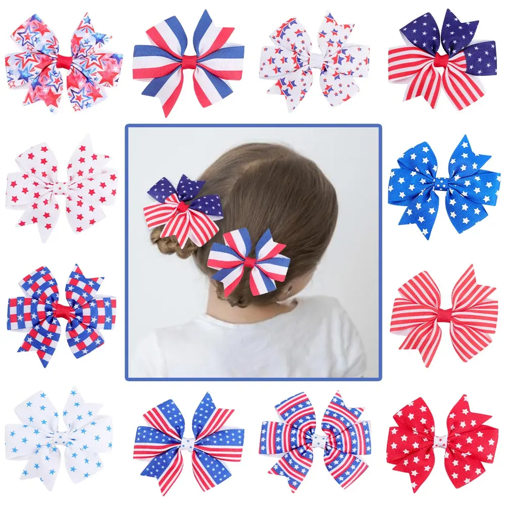 ncmama 4th of July Hair Bows Clips Set For Kids Girls American Flag Striped Hairpins Independence Day Headwear Hair Accessories sneakers american flag star striped flat sneakers in multicolor size 37 38 39 40 41