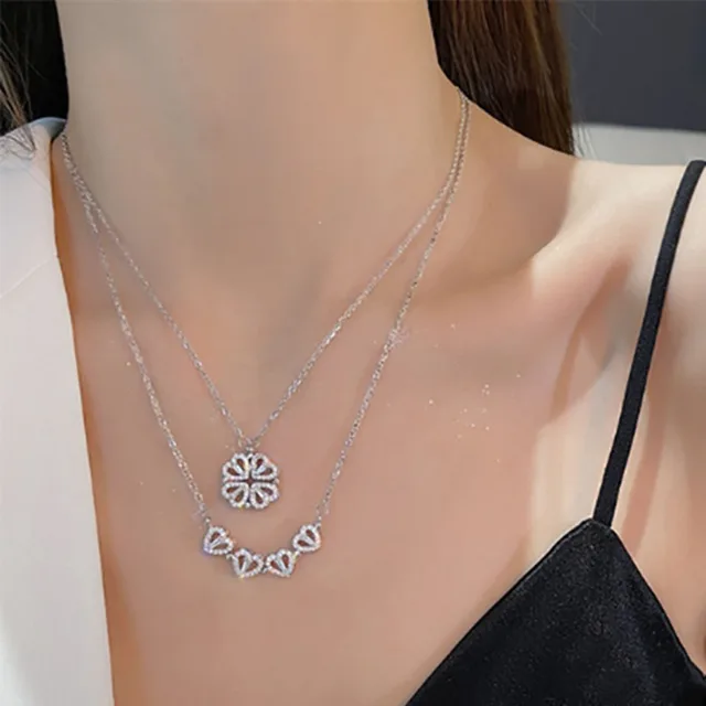 1pc Heart Shaped Four Leaf Clover Pendant Necklace Jewelry Zircon Women Love Clavicle Chain Gifts Openable ChokerJewelry 3