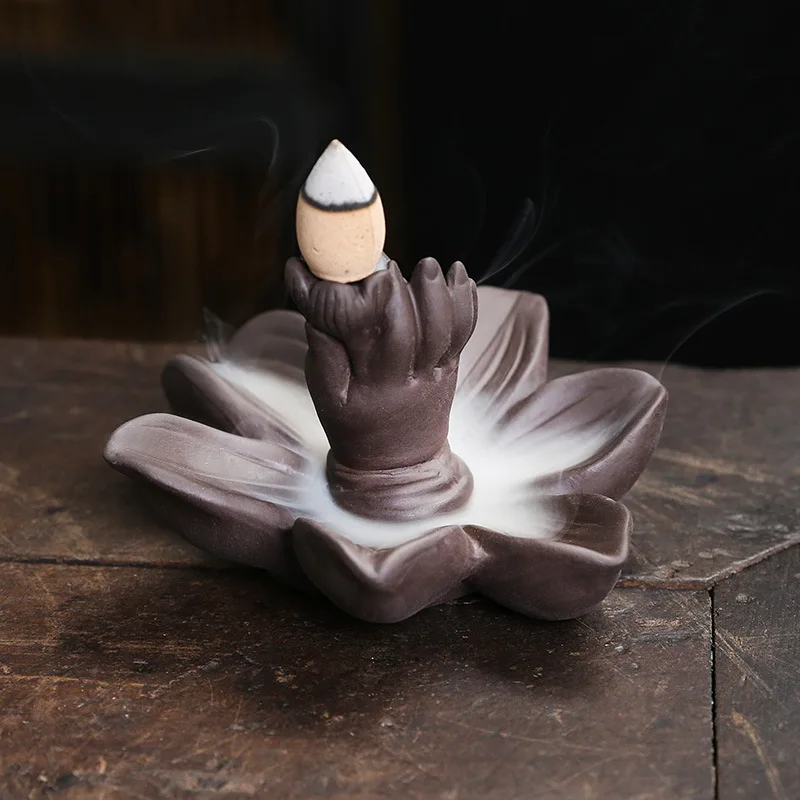 Purple Clay Bergamot Lotus Backflow Incense Burner Creative Small Fingered Backflow Aromatherapy Stove Holder Home Decoration