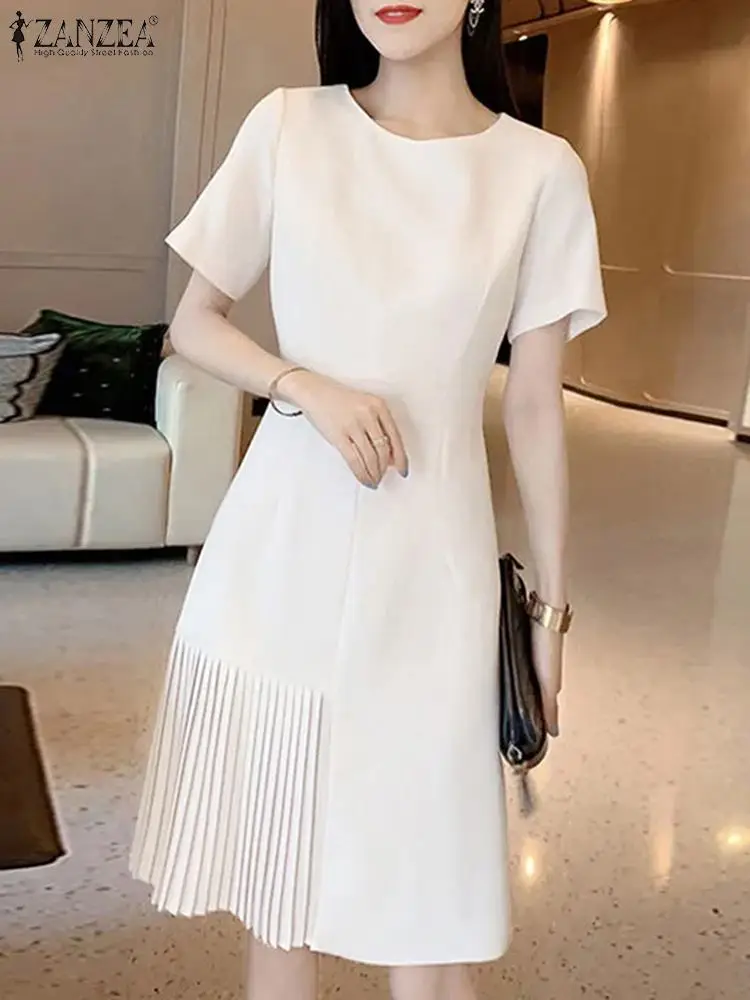 

Мини-платье ZANZEA женское с коротким рукавом, элегантный модный однотонный плиссированный сарафан, Повседневная Свободная шикарная короткая одежда, лето 2024