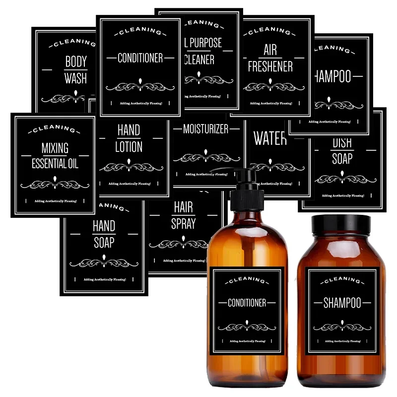Waterproof Sticker Soap Dispenser Bathroom Jar Storage Label Shower Shampoo Lotion Conditioner Bottle Stickers White Black