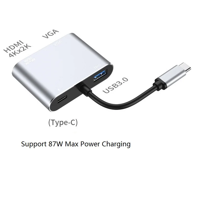 4K USB-C to HDMI/VGA Adapter with USB 3.0 Hub for Monitors, PCs, Phones, and TVs