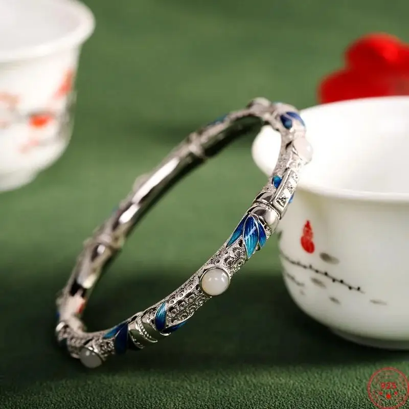 

S925 Sterling Silver Charms Bracelets for Women New Fashion Jade Hollow Filigree Cloisonne Pattern Bamboo Bangle Free Shipping