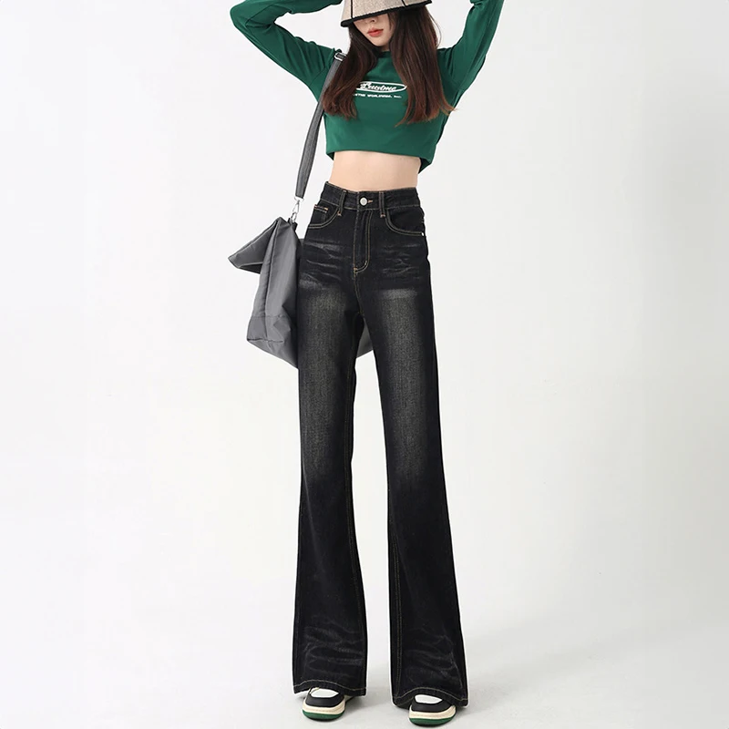 High Waist Women Wide Leg Trousers Cotton Black Washed Jeans Baggy Casual Fashion Female Full Length Straight Denim Pants Woman
