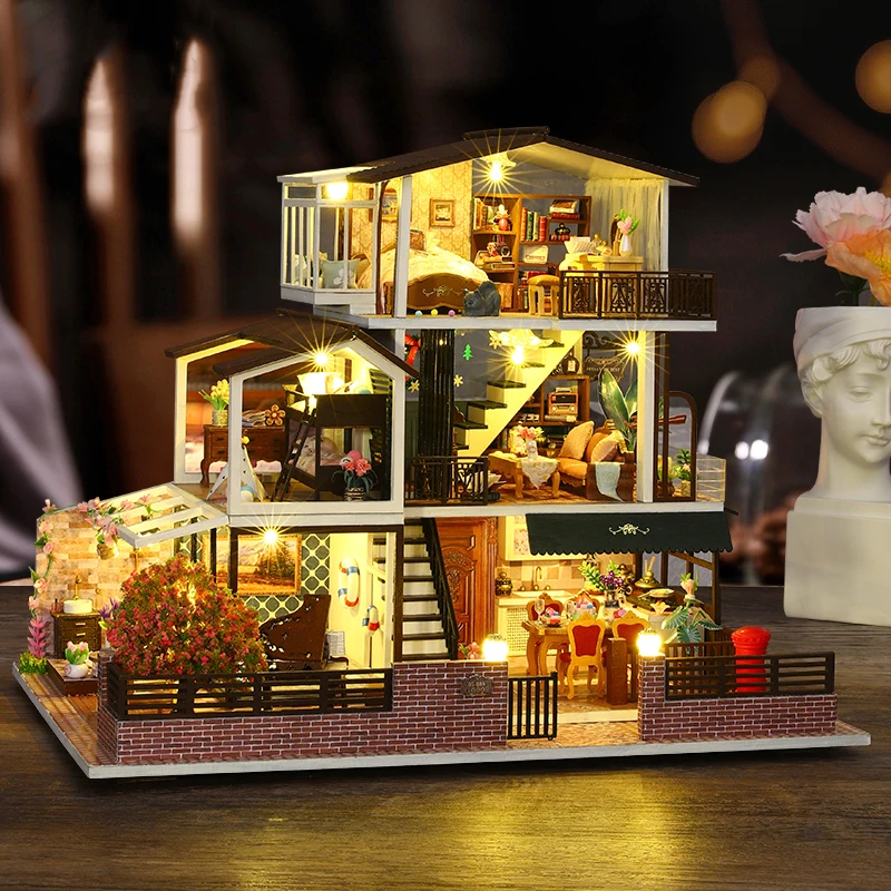 DIY Wooden Miniature Model Kit Big Romantic Casa 3D Puzzle European Villa Dollhouse With Furniture Lights Friends Birthday Gifts 4